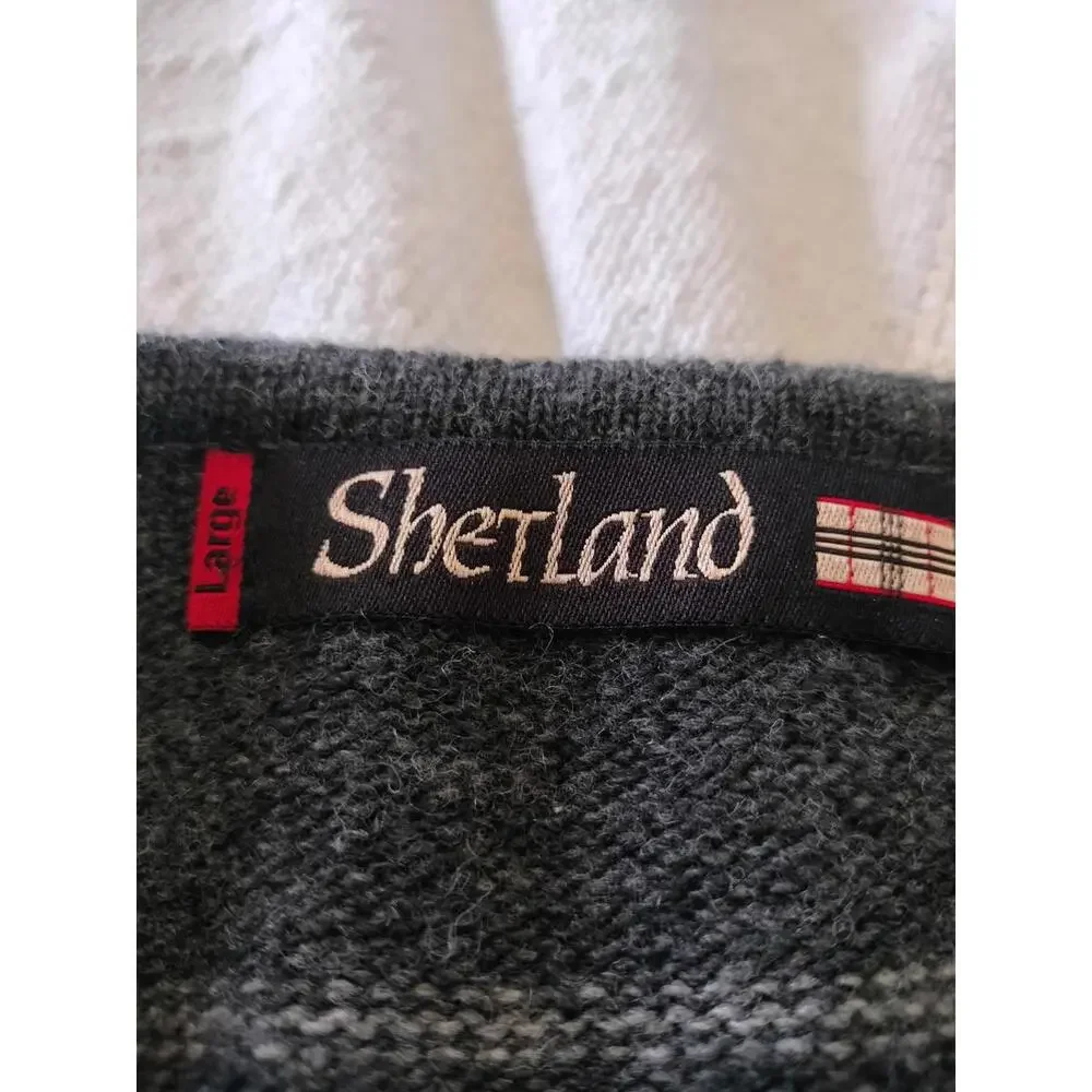 Vintage Sherland Lambswool Blend‎ Striped Sweater Grey V-Neck Large Grandpacore